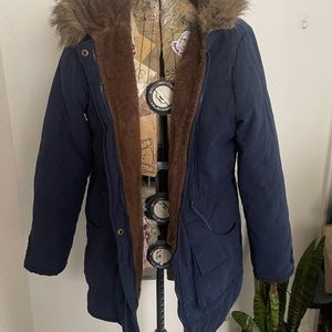 Beyove Zip Up Faux Fur Lined Drawstring Winter Navy Coat Size Large